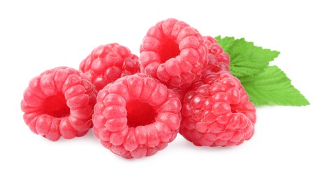 Many fresh ripe raspberries and green leaves isolated on white