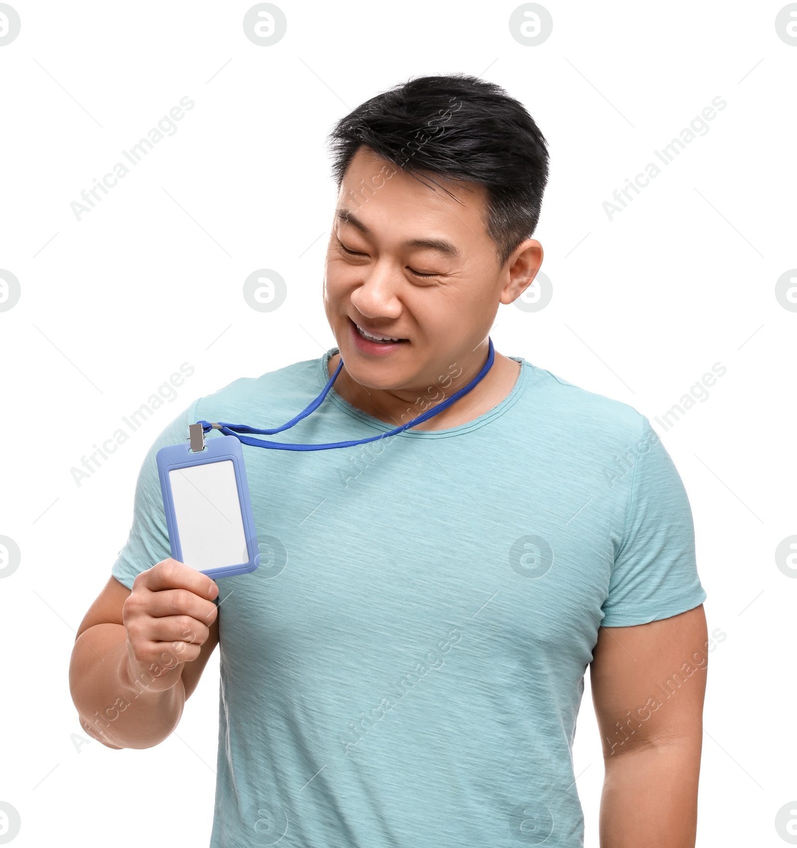 Photo of Happy asian man with vip pass badge on white background