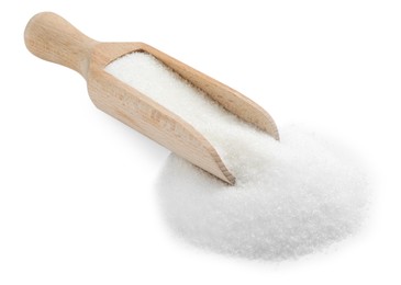 Photo of Scoop with granulated sugar isolated on white