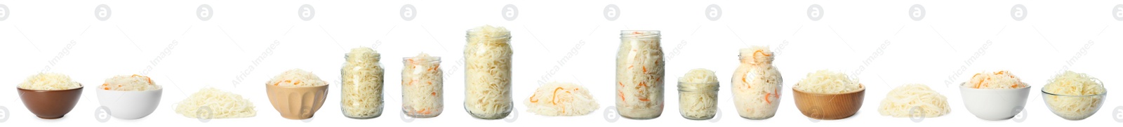 Image of Set of tasty fermented cabbage isolated on white. Banner design 