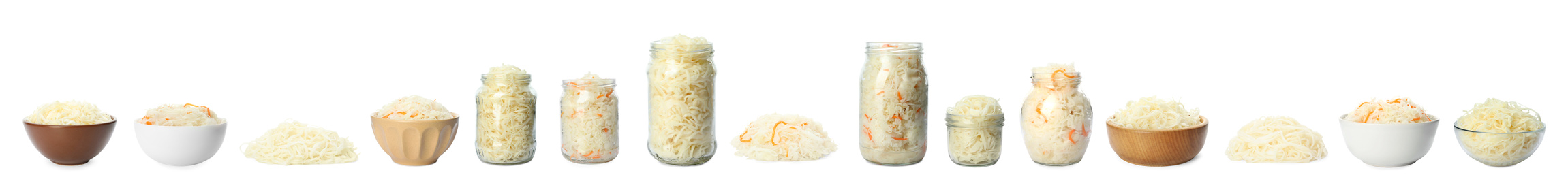 Image of Set of tasty fermented cabbage isolated on white. Banner design 