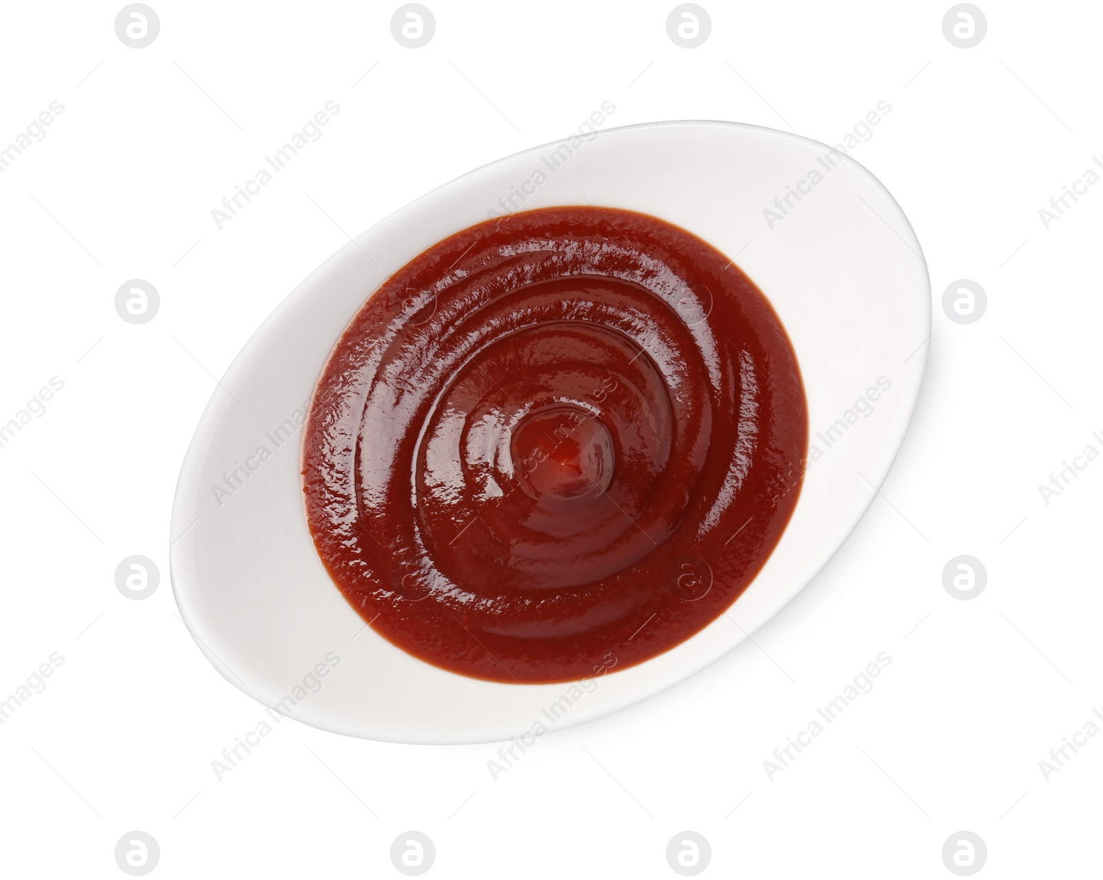 Photo of Tasty barbecue sauce in bowl isolated on white, top view