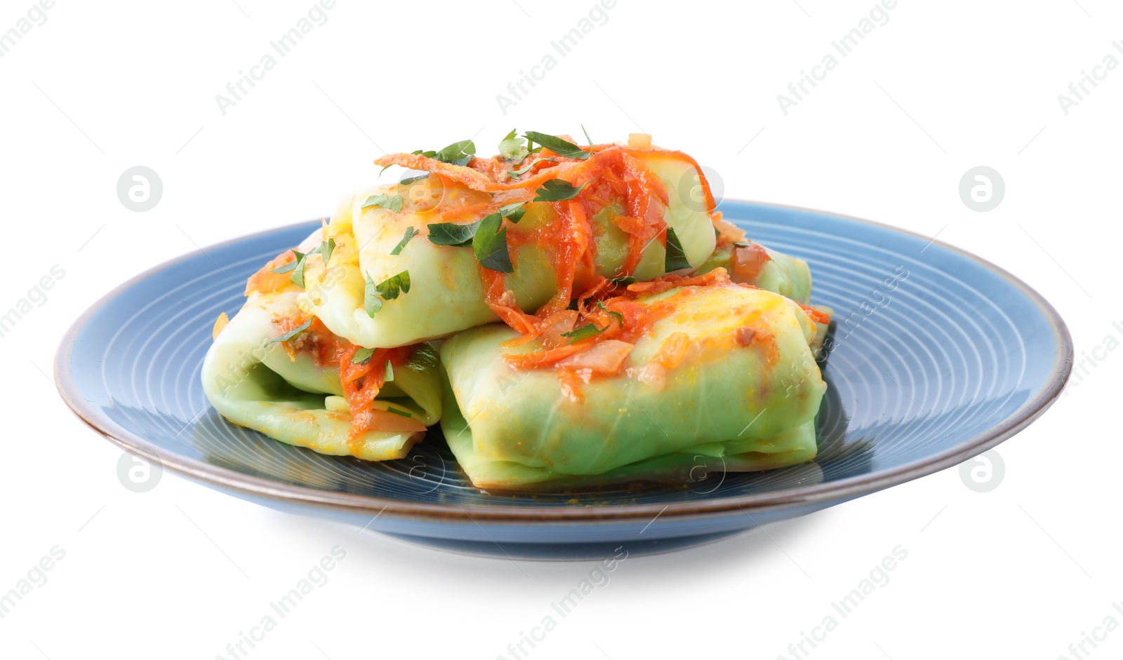 Photo of Delicious cabbage rolls with sauce isolated on white