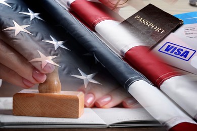 Image of Multiple exposure with approved visa, USA flag and photo of woman stamping passport page