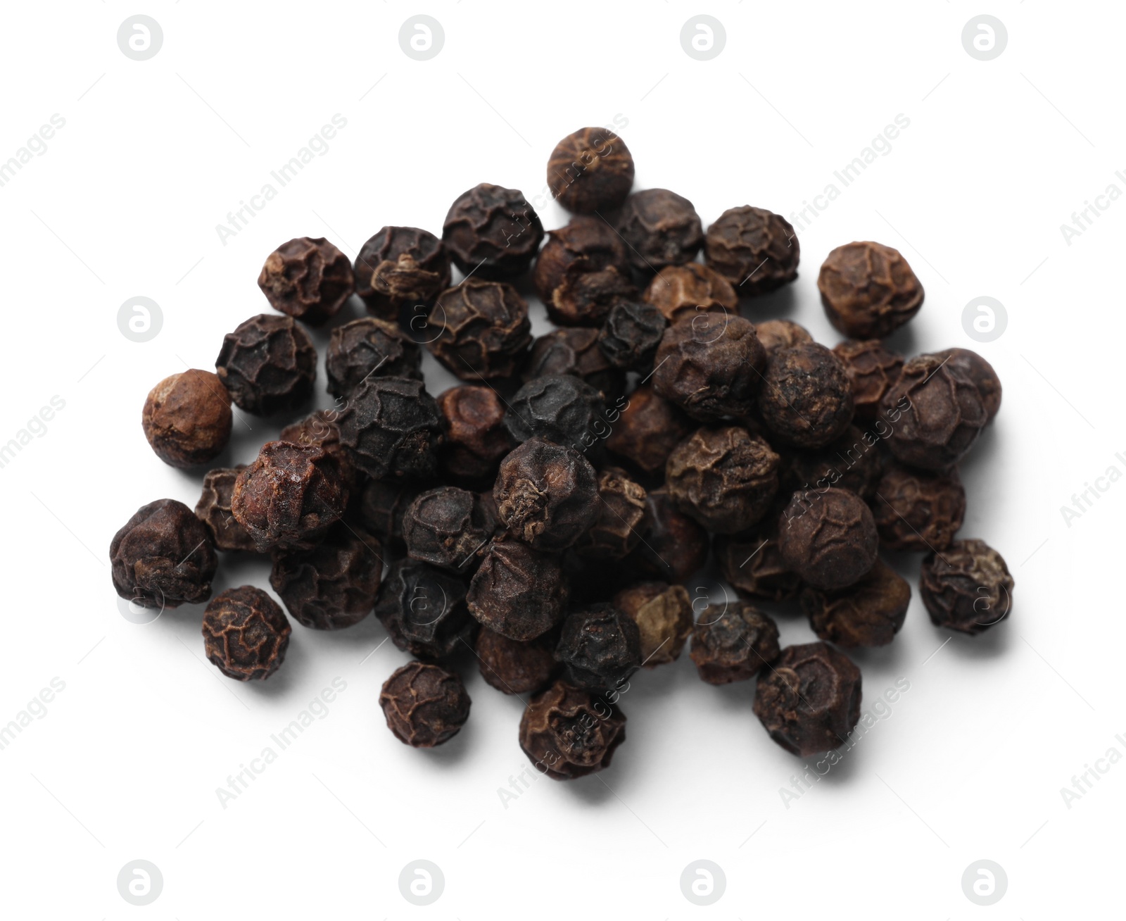 Photo of Aromatic spice. Many black dry peppercorns isolated on white, top view