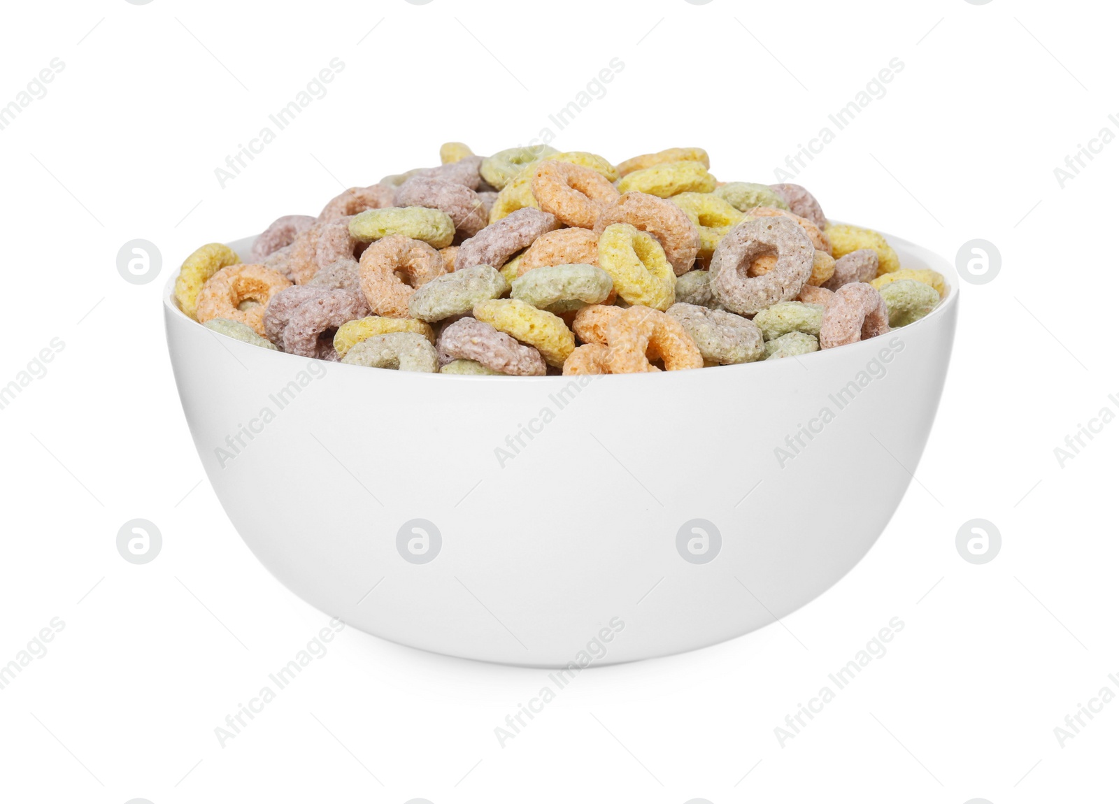 Photo of Tasty cereal rings in bowl isolated on white