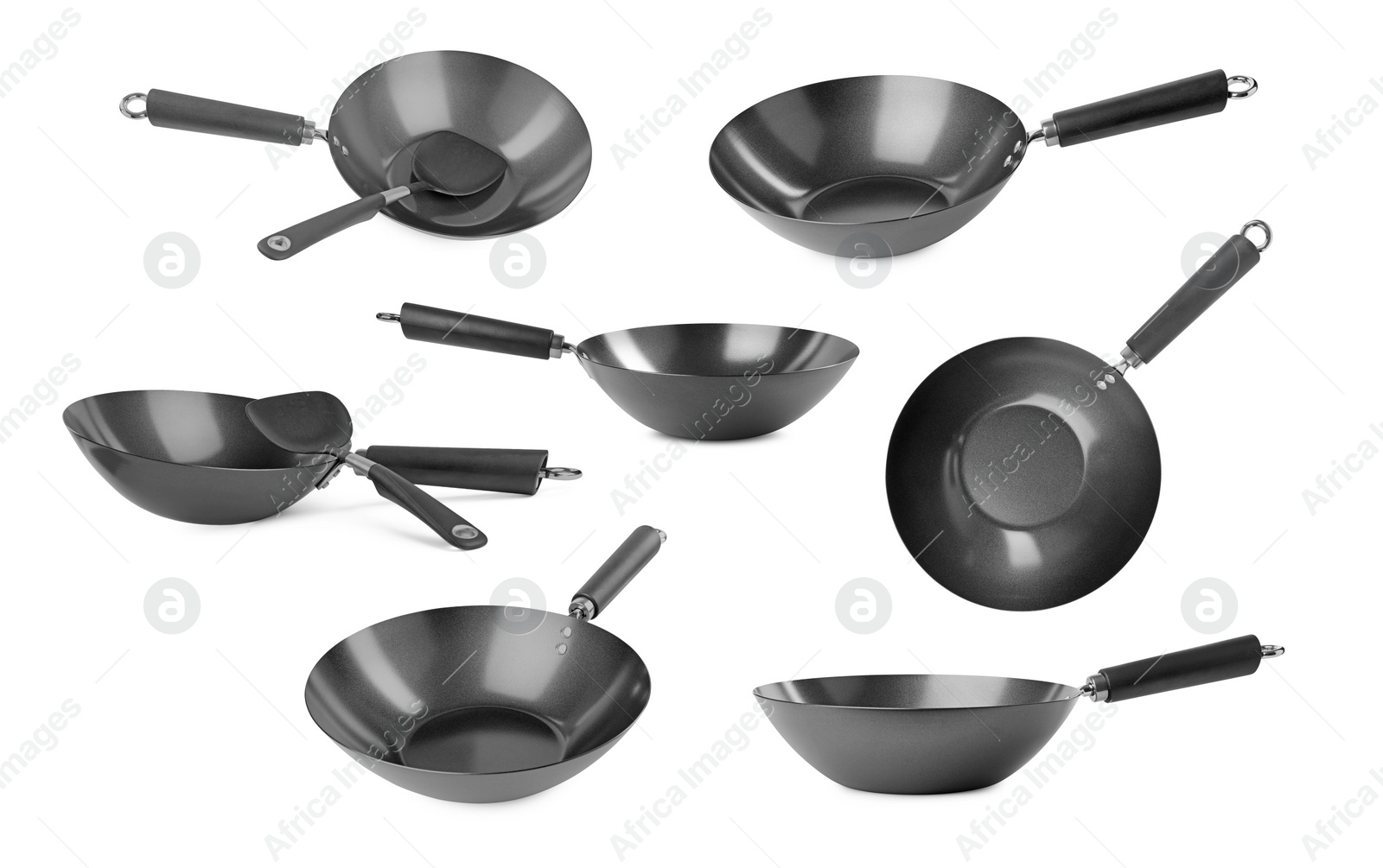 Image of Empty metal woks isolated on white, set