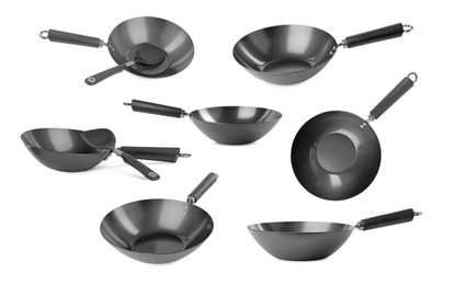 Image of Empty metal woks isolated on white, set