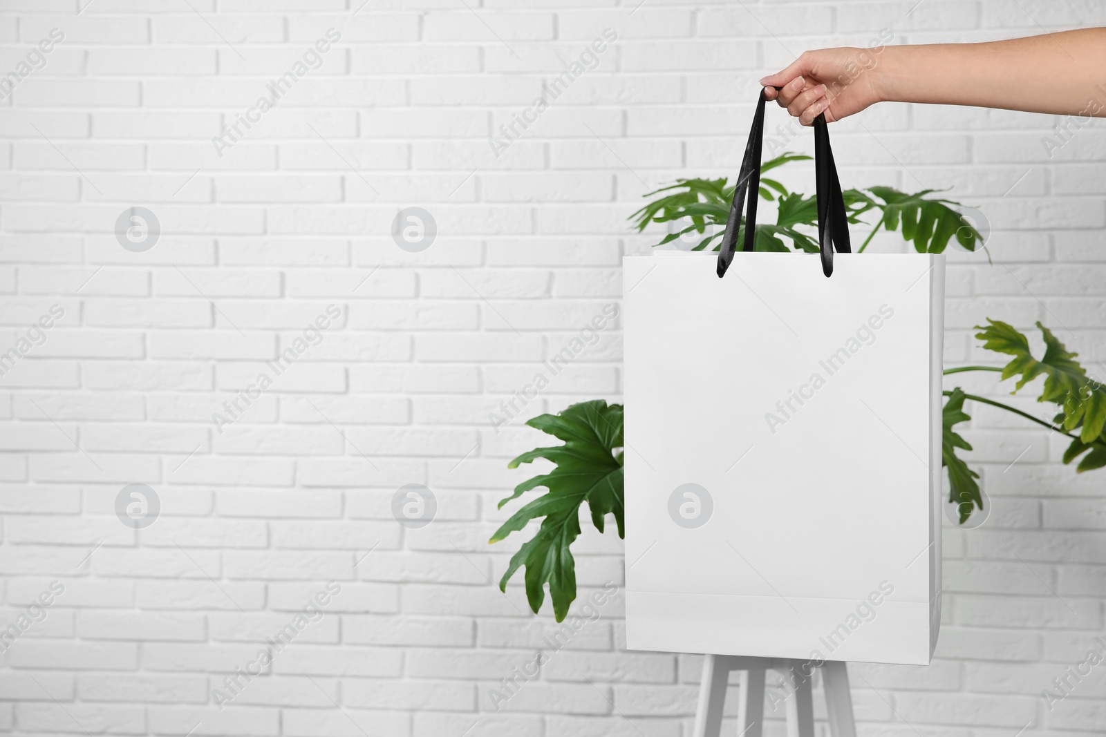 Photo of Woman holding paper shopping bag near green plant and brick wall. Mock up for design