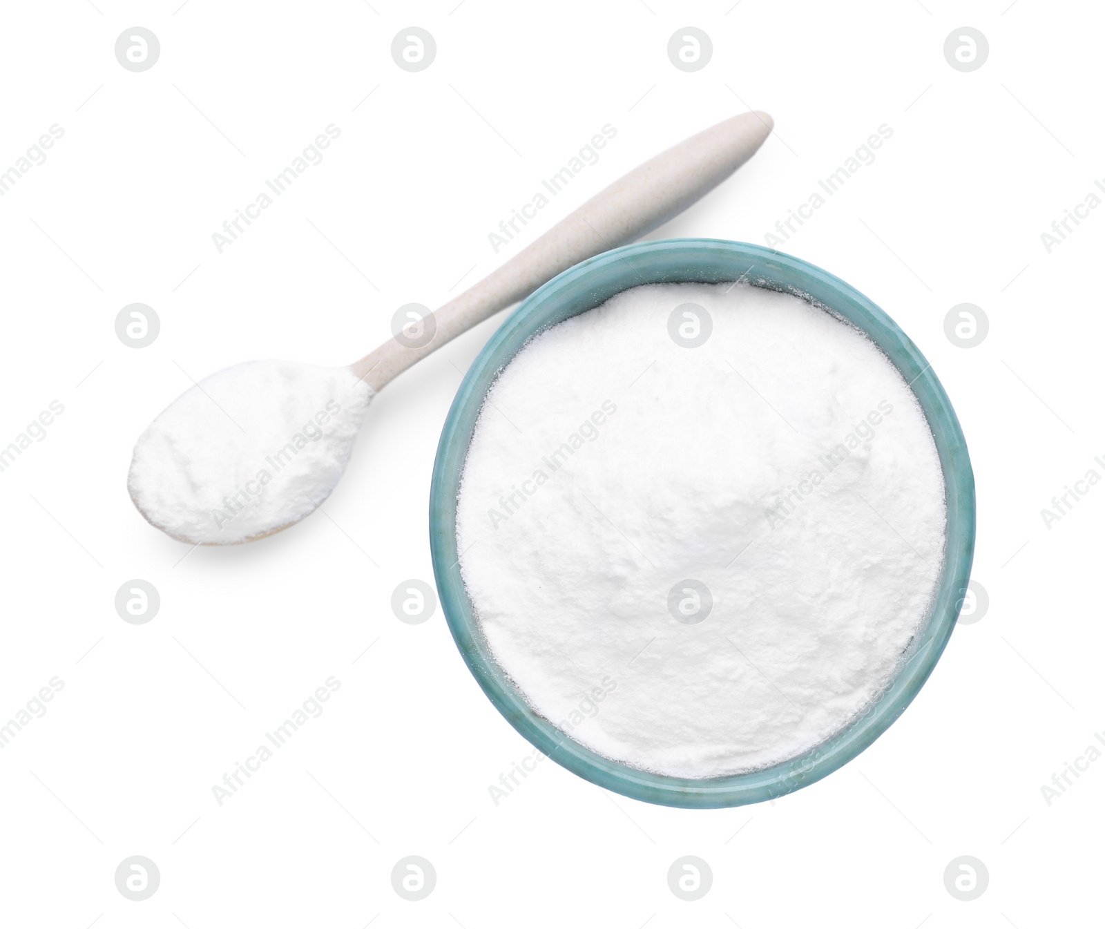 Photo of Bowl and spoon with sweet fructose powder on white background, top view