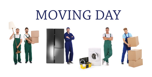 Collage with photos of workers carrying appliances and cardboard boxes on white background, banner design. Moving service
