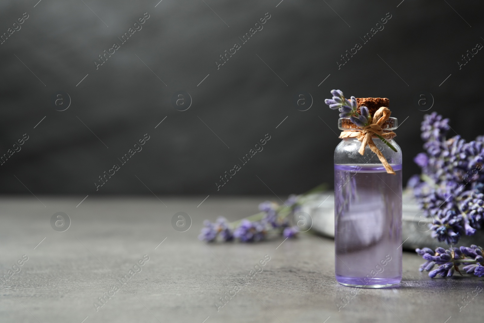 Photo of Bottle of essential oil and lavender flowers on grey stone table. Space for text