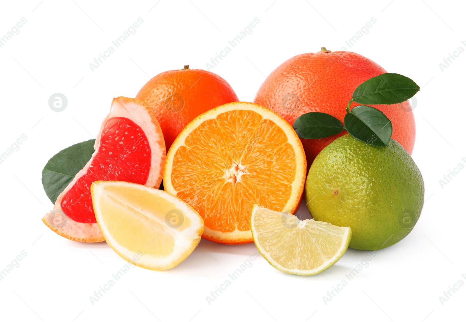 Photo of Fresh ripe citrus fruits and green leaves isolated on white