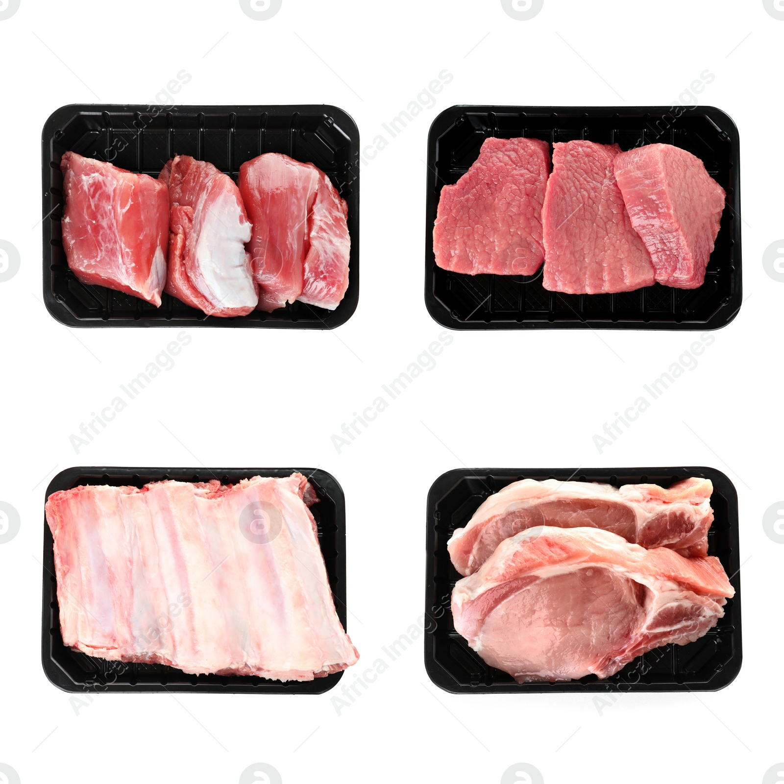 Image of Set of plastic containers with raw meat on white background, top view 