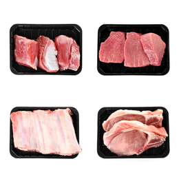 Set of plastic containers with raw meat on white background, top view 