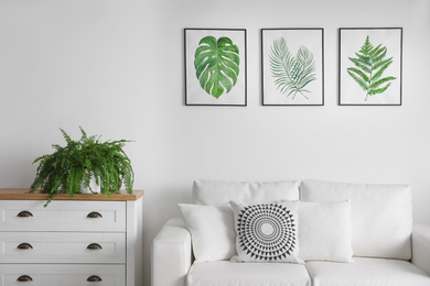 Photo of Beautiful paintings of tropical leaves over sofa in living room interior