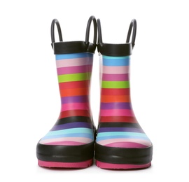 Photo of Colorful children's rubber boots on white background