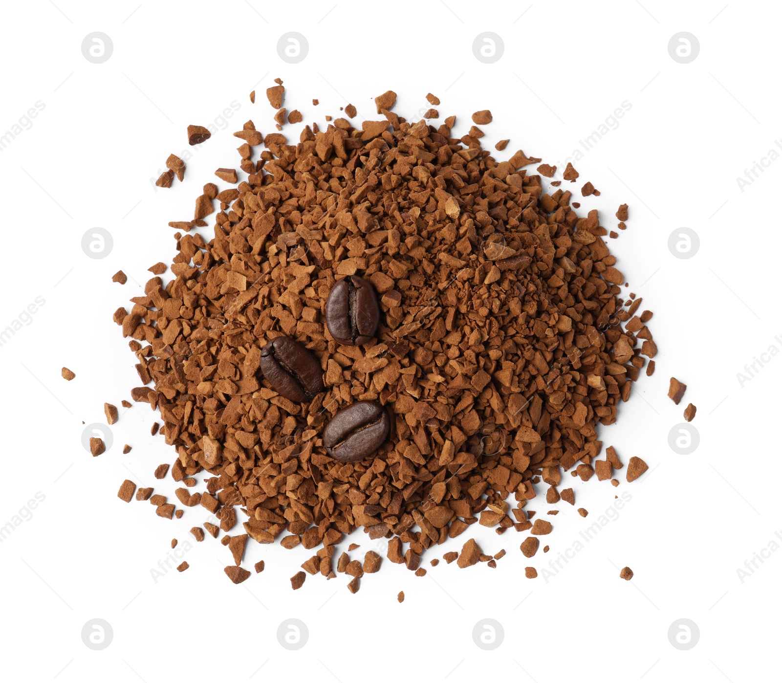 Photo of Heap of instant coffee and beans on white background, top view