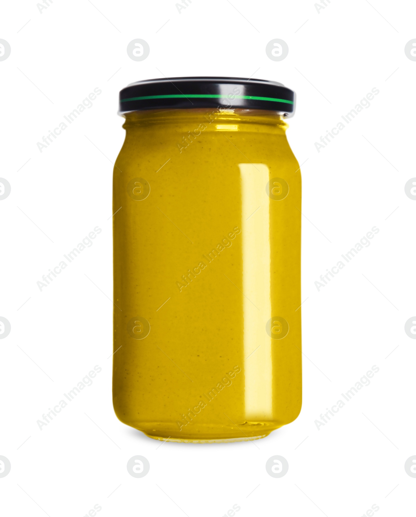 Photo of Spicy mustard in glass jar isolated on white