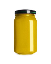 Photo of Spicy mustard in glass jar isolated on white