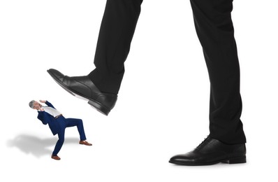 Image of Giant stepping onto small man on white background