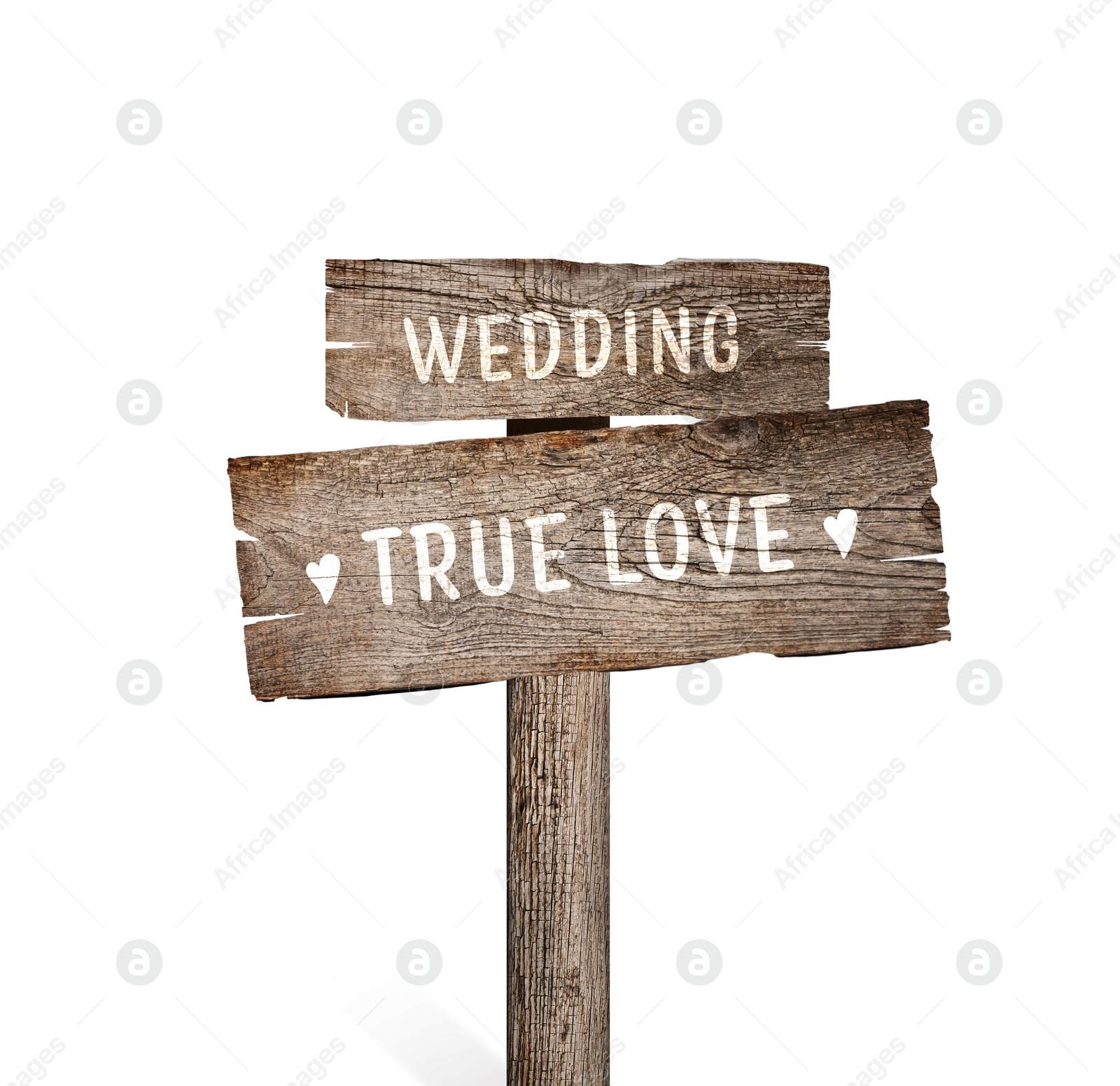 Image of Wooden plaques with inscriptions Wedding and True Love isolated on white