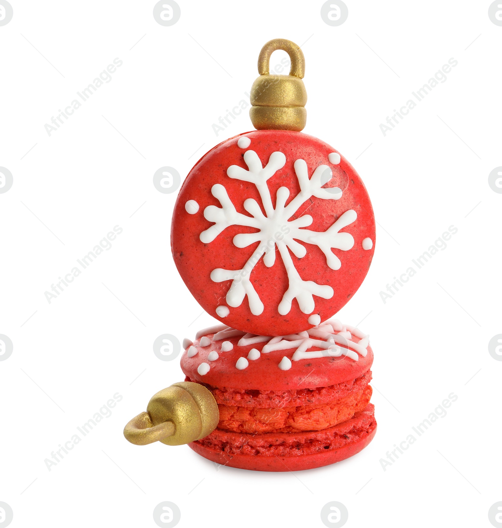 Photo of Beautifully decorated Christmas macarons on white background