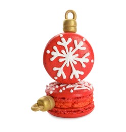 Beautifully decorated Christmas macarons on white background