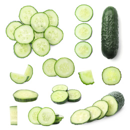 Image of Set with fresh cucumber slices on white background