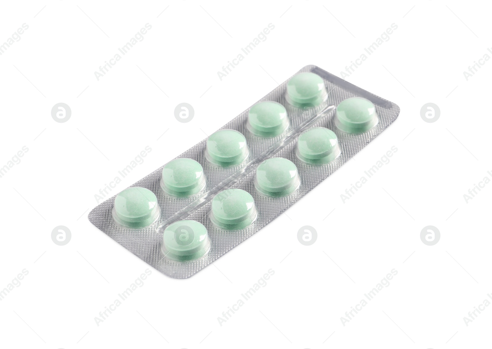 Photo of Blister of pills on white background. Medicinal treatment