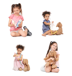 Collage of cute little children playing on white background