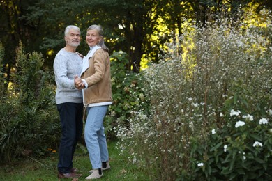 Affectionate senior couple dancing together in park, space for text