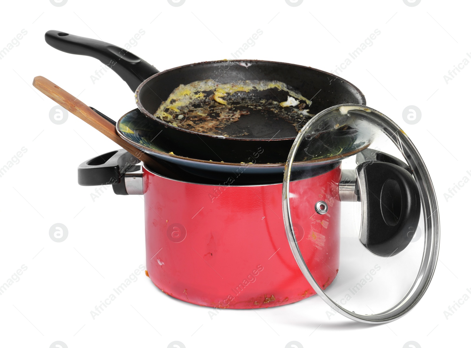 Photo of Stack of dirty kitchenware on white background
