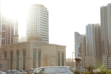 DUBAI, UNITED ARAB EMIRATES - NOVEMBER 06, 2018: Cityscape with modern buildings and mosque