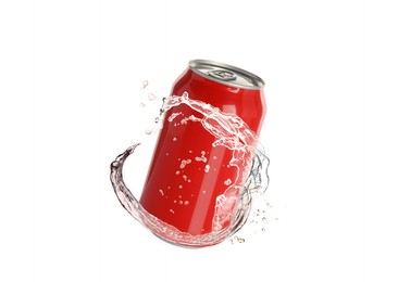 Image of Red aluminum can with splash of water on white background