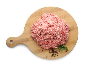 Photo of Raw fresh minced meat with rosemary and pepper isolated on white, top view