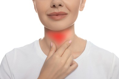Image of Endocrine system. Woman doing thyroid self examination on white background, closeup