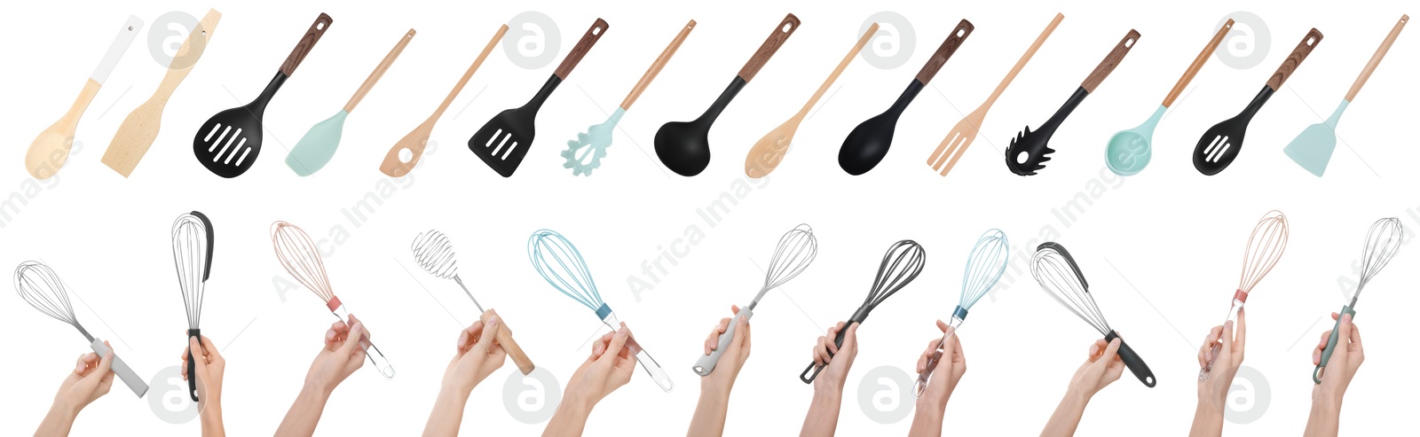 Image of Women holding different whisks, set of closeup photos. Different kitchen utensils on white background