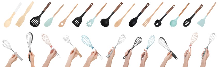 Image of Women holding different whisks, set of closeup photos. Different kitchen utensils on white background