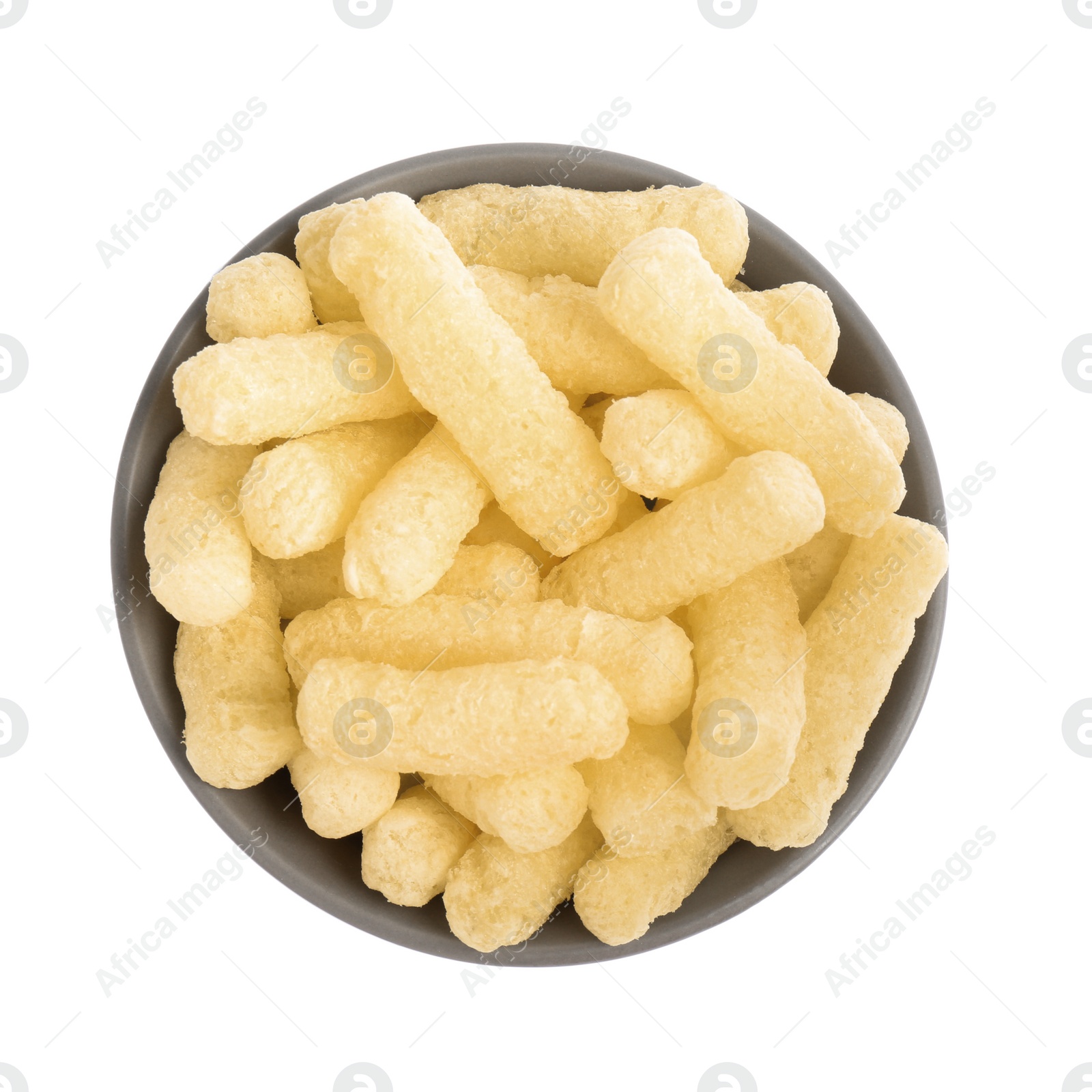 Photo of Bowl of sweet corn sticks isolated on white, top view