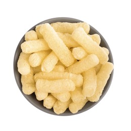 Bowl of sweet corn sticks isolated on white, top view