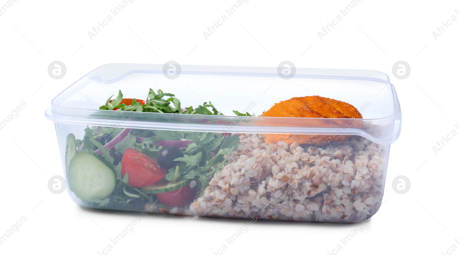 Photo of Tasty buckwheat with cutlet and salad in plastic container isolated on white