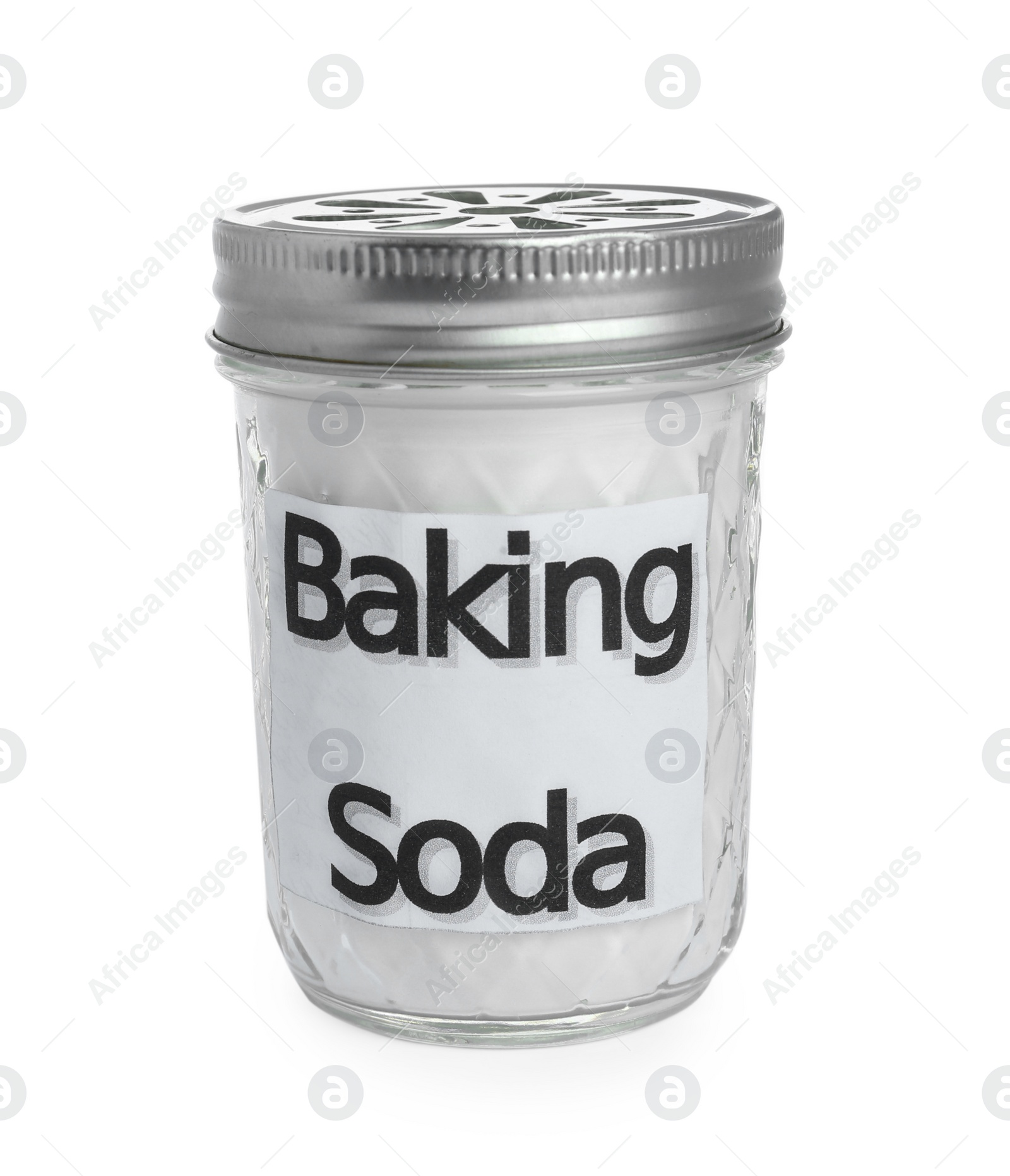 Photo of Closed jar of baking soda isolated on white