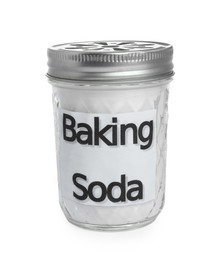 Closed jar of baking soda isolated on white