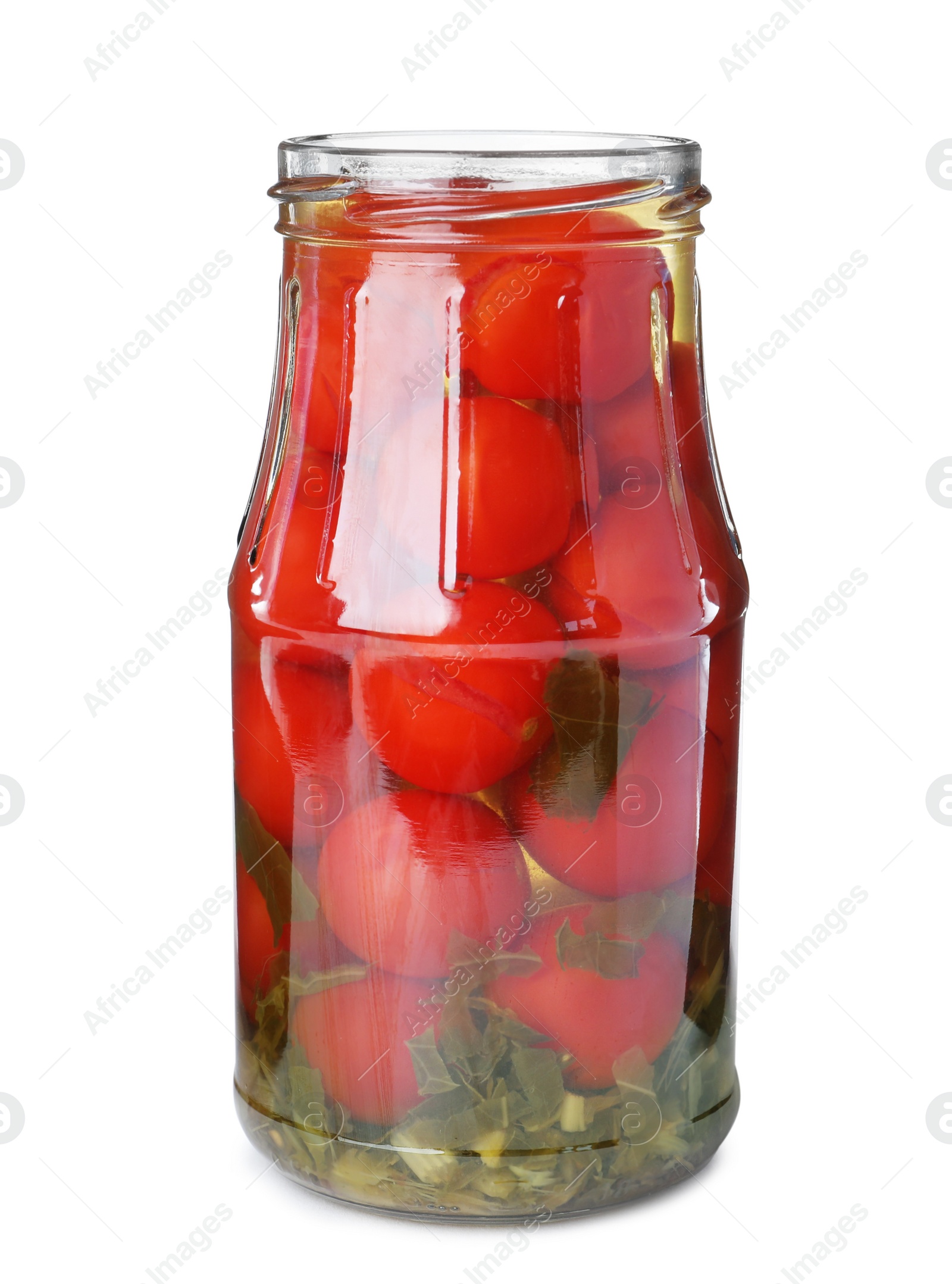 Photo of Glass jar with pickled tomatoes isolated on white