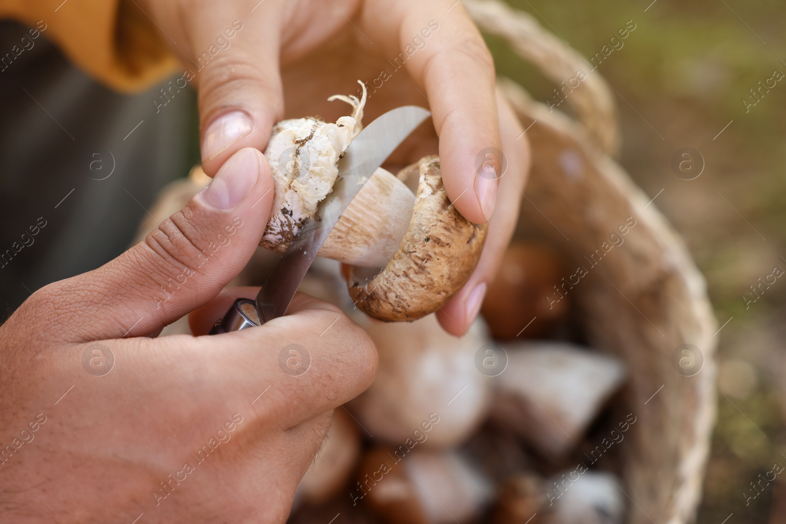 Photo of Man peeling mushroom with knife outdoors, closeup