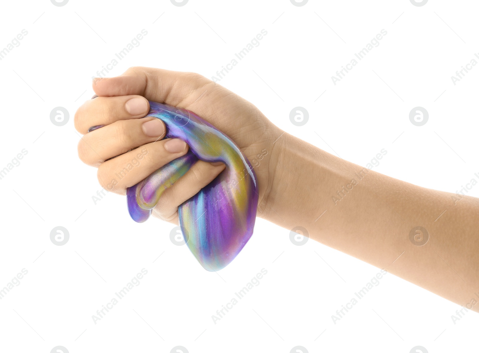 Photo of Woman playing with colorful slime isolated on white, closeup. Antistress toy