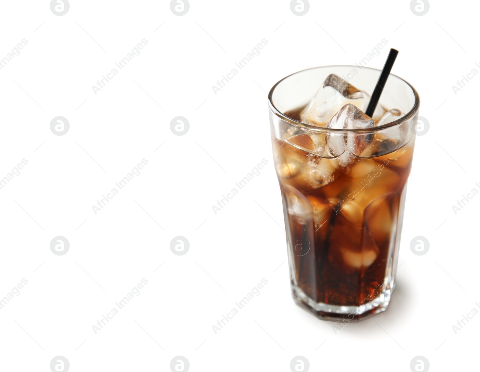 Photo of Glass of refreshing cola with ice on white background. Space for text