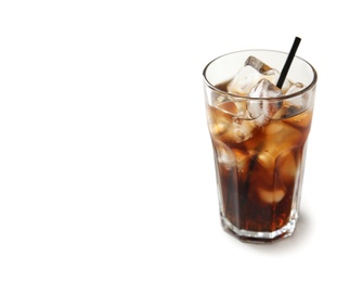 Photo of Glass of refreshing cola with ice on white background. Space for text