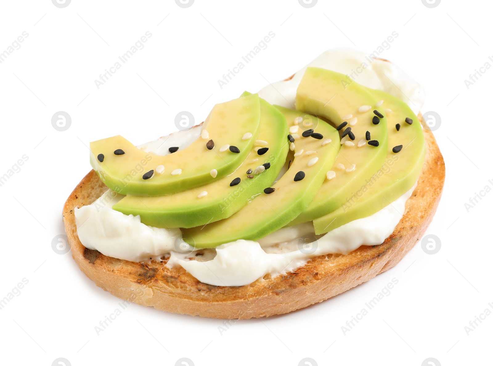 Photo of Tasty bruschetta with avocado and sesame seeds on white background